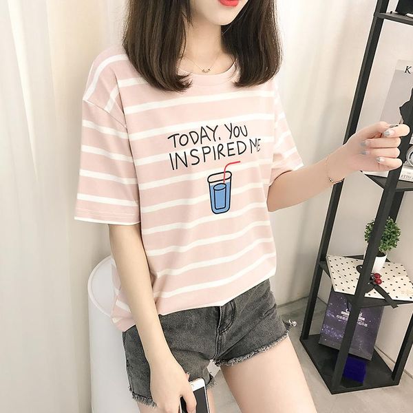 

women's t-shirt striped short sleeve cotton t shirt women summer 2021 arrival fashion korean tee femme loose ins, White