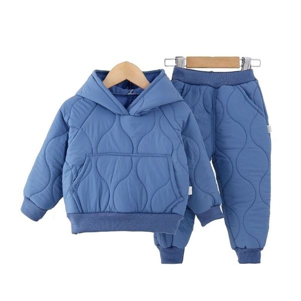 

winter children cotton-padded jacket suit plus velvet baby clothes girl boys costume warm hoodies + trousers 2pcs set 211025, White