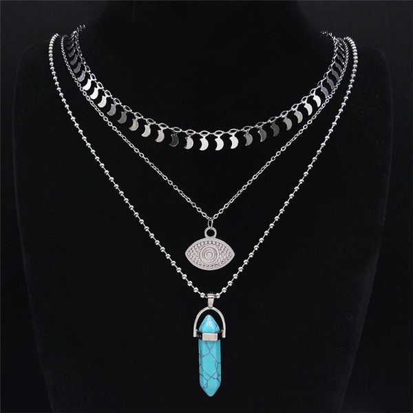 

boho stainlessÂ steel blue stone layered necklace silver color islam turkey eye necklaces chain moon jewelryÂ collar nxs04 pendant
