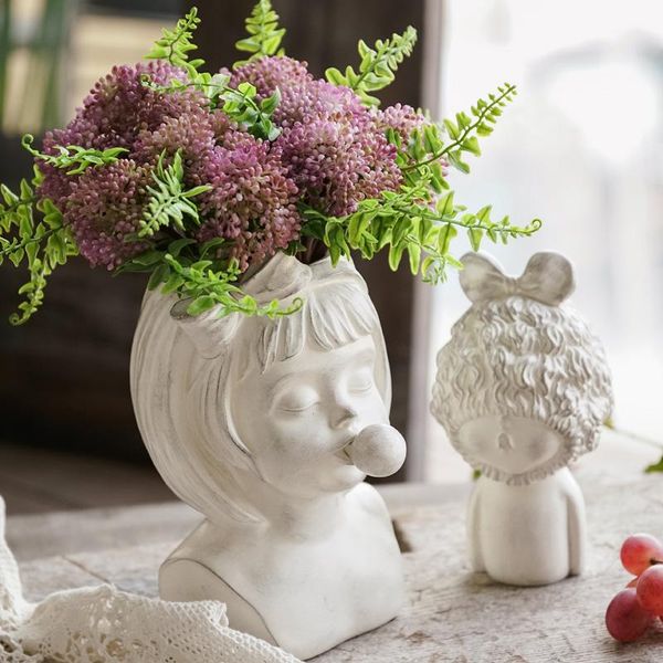 

vases nordic resin human head vase cute bowknot girl bubble gum decoration household livingroom flower arrangement creative r4427