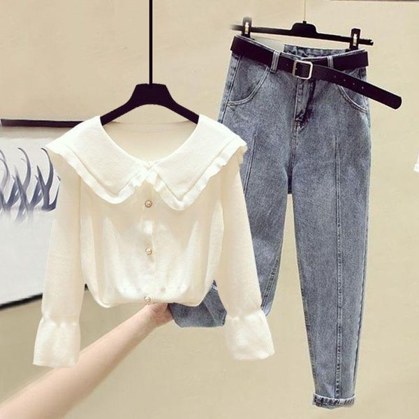

women's two piece pants women 2021 early autumn sets female slim knitted cardigan coats ladies high waist harem jeans suits p203, White
