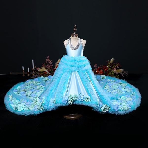 

flower girl dresses illusion halter sleeveless appliques sequined tulle lace princess floor-length luxury kids party gown h566 girl's, Red;yellow