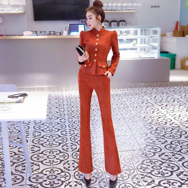 

women's two piece pants autumn women suits solid single breasted + high waist flared 2 sets office lady fashion outfit h344, White