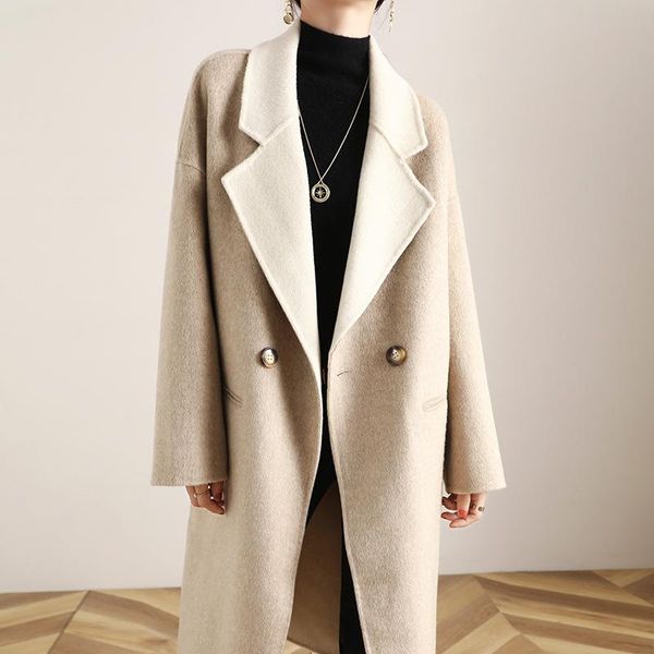 

women's wool & blends autumn and winter two-color albaca double-sided cashmere coat medium long thickened suit collar, Black