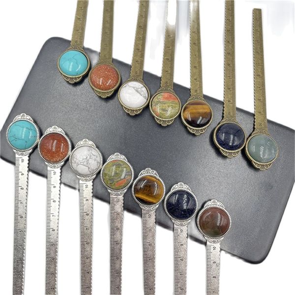 

creative 12cm ruler chakra stone bookmark retro bronze metal round healing crystal bookmarks multifunctional book page marker jewelry gift, Black