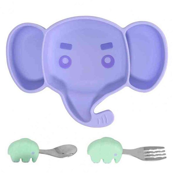 

3pcs/set baby toddler tableware cartoon elephant division design silicone children plate spoon fork set solid feeding dishes g1221