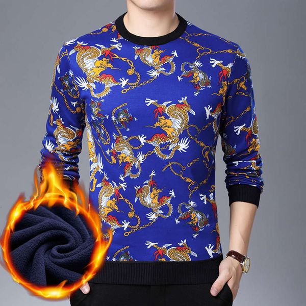 

winter men's long sleeve dragon printed round neck t-shirt backing shirt plush thickened middle aged warm, White;black