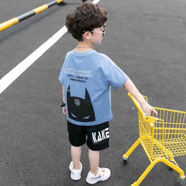

cool kid boys summer clothes outfit with sunhat fashion graffiti short sleeved t shirt denim shorts set children pants clothing, White