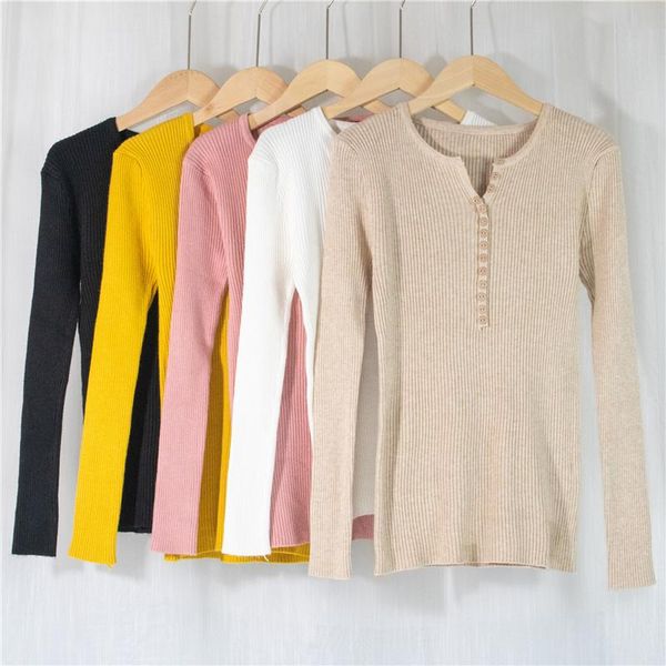 

women's sweaters autumn and winter sweater 2021 knitted long-sleeved pullover button solid v-neck white 0799, White;black