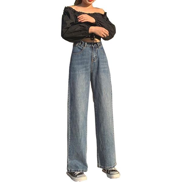

women's jeans 2021 high waist women pants vintage wide leg full-length loose for straight trousers d424, Blue