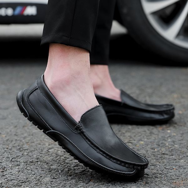 

men's real leather sho casual youth large men's korean fashion wear-ristant lazy, Black