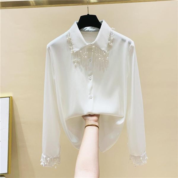 

women's blouses & shirts camisa blanca mujer manga larga beading fringed white blouse women long sleeve design chiffon female