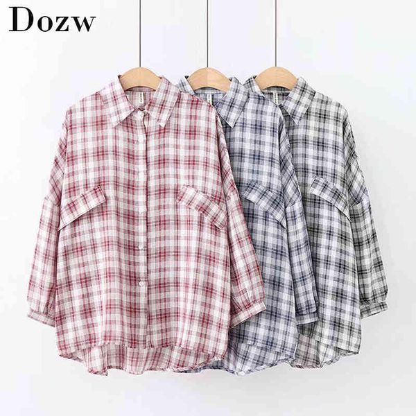 

fashion women blouses batwing sleeve plaid shirt harajuku loose casual plus size blouse ladies turn down collar shirt 210414, White