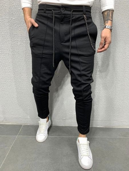 

men chain seam detail drawstring waist pants 67mg#, Black
