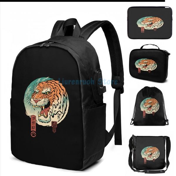

funny graphic print tiger ukiyo-e usb charge backpack men school bags women bag travel laptop