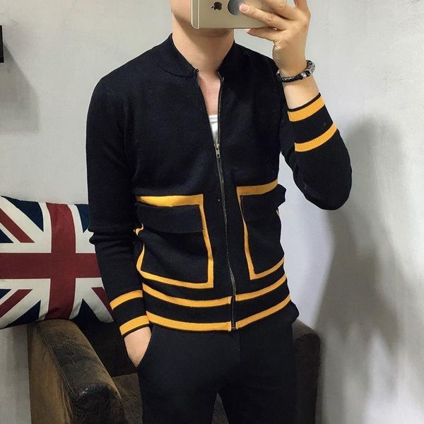 

men's sweaters 2021 fall winter fashion contrast color long sleeves sweater men 's multi-color coat korean youth slim -fit knitted, White;black