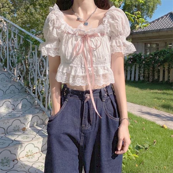 

women's blouses & shirts sweet kawaii white women crop for summer slash neck ribbon floral lace ruffles lolita blouse cute girls blusa