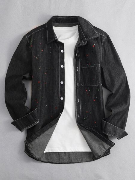 

men splatter print patched pocket denim shirt without tee o8sa#, Blue