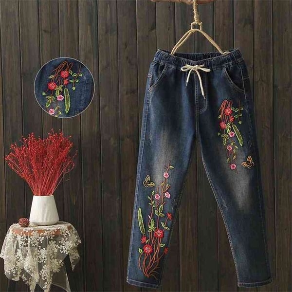 

spring arrival arts style women elastic waist loose casual jeans flower embroidery vintage cotton denim pants d540 210512, Blue
