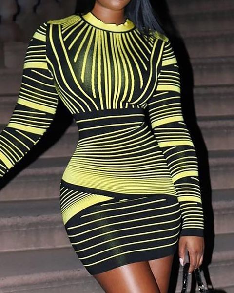 

casual dresses 2021 simenual bandage bodycon maxi women fashion skinny clubwear printed long sleeve party dress autumn slim, Black;gray