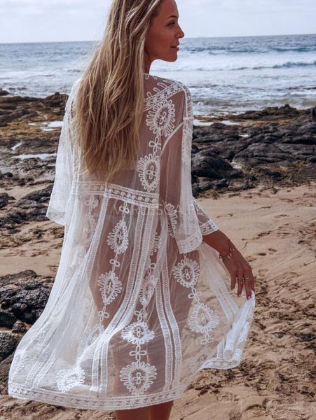 

women summer beach style white lace mesh long kimono casual sheer bohomian cardigan women's swimwear, White;black