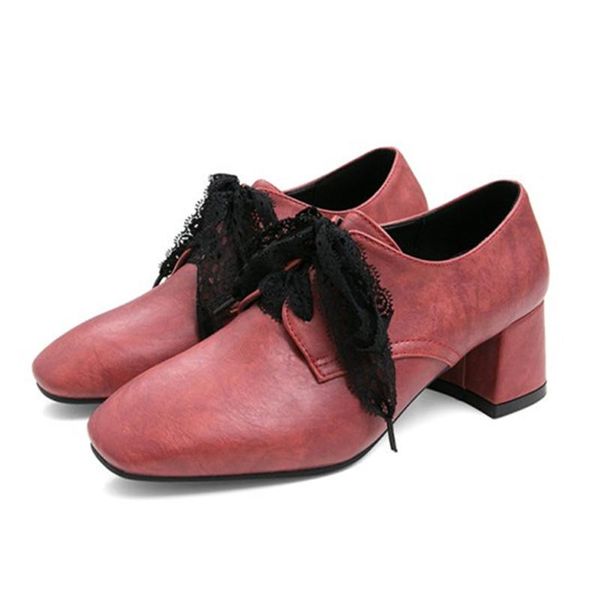 

dress shoes pxelena large size 34-45 ladies office work daily oxfords square toe lace up block chunky med heel pumps women 2021, Black