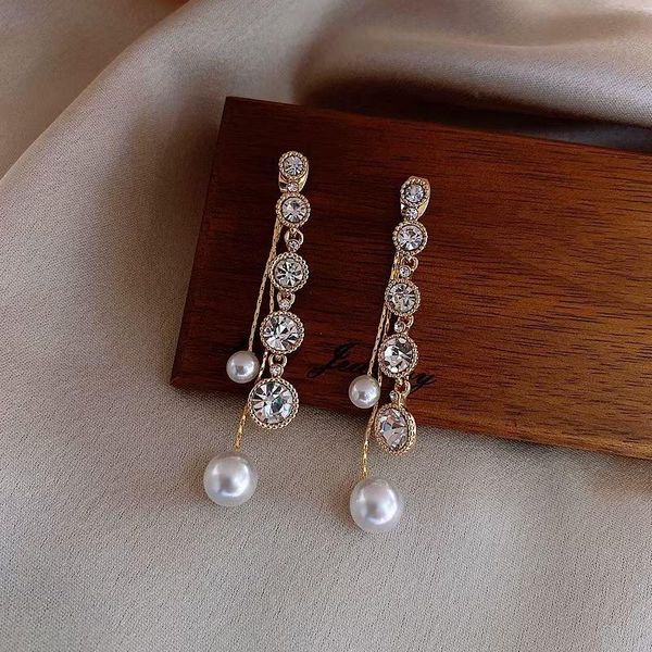 

dangle & chandelier 2021 arrival trendy crystal round long tassel earrings for women fashion geometric simulated pearl jewelry gifts, Silver