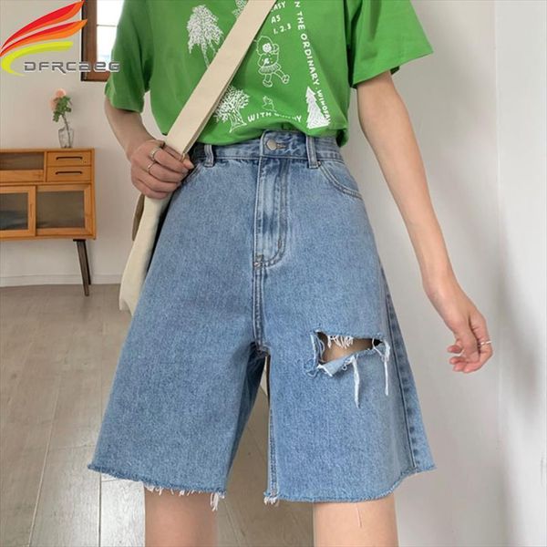 

streetwear high waist denim bermuda womens short summer korean style hole fashion wide leg loose jean, White;black