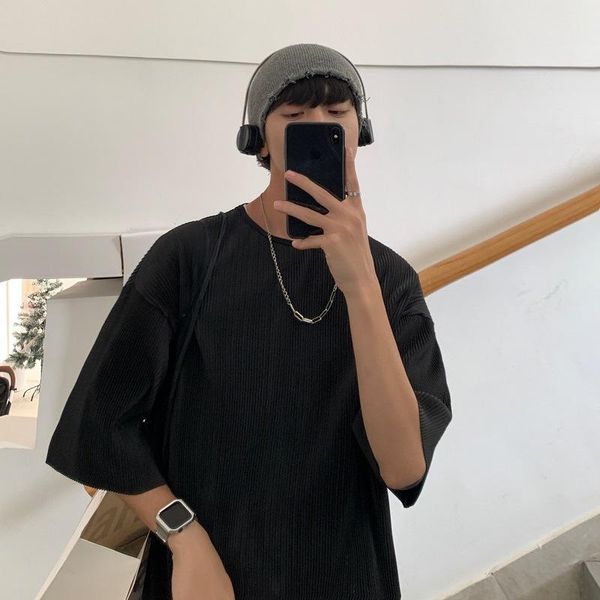 

men's t-shirts hong kong style short-sleeved t-shirt five-point sleeves tide brand trend solid color bottoming shirt loose couple wear, White;black