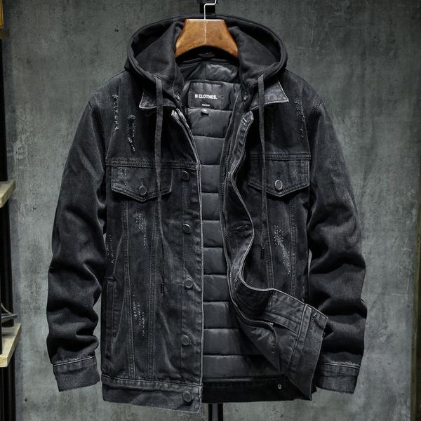 

men's jackets liner thicker winter black hooded denim jacket outerwear warm men lining plus cotton thick cowboy coat large size 5xl, Black;brown