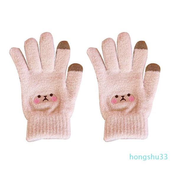

cute plus velvet thick cartoon winter warm gloves touch screen girls heart full finger five fingers, Blue;gray