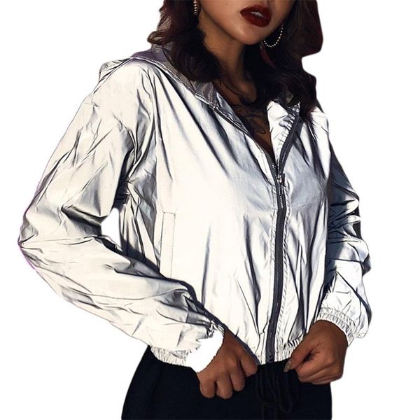 

women's vests women reflective long sleeve hoodie jacket night shiny zip crop sweatshirt coat, Black;white