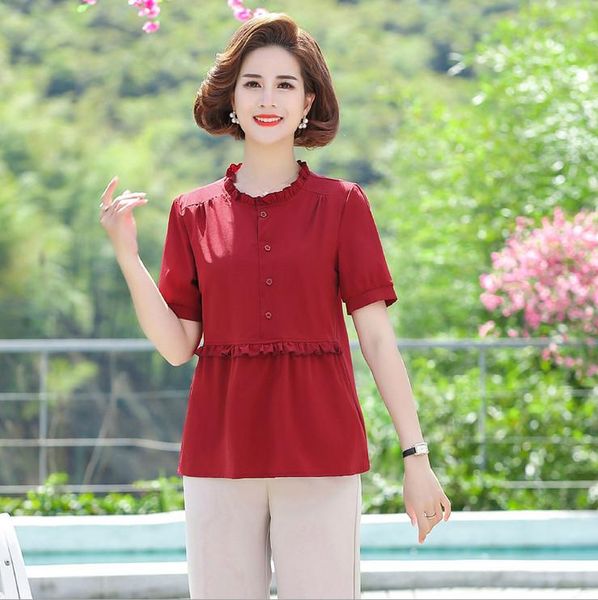 

summer lady short sleeve t-shirt waist patchwork ruffled middle-aged women's tee shirt, White