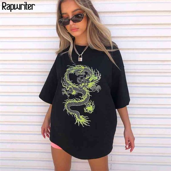 

chinese style dragon print oversized t shirt women summer cotton loose o-neck half sleeve harajuku tee 210510, White