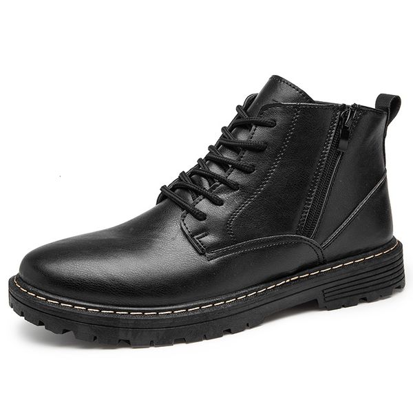 

boots autumn winter leather men comfortable lace up motorcycle high-british casual shoes work size 44 z6j6, Black