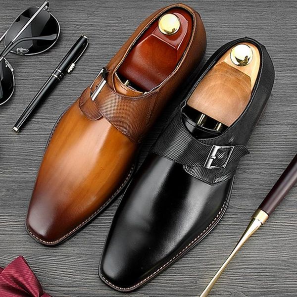 

dress shoes 2021 summer style genuine leather men's monk strap footwear round toe breathable handmade man formal party bql131, Black