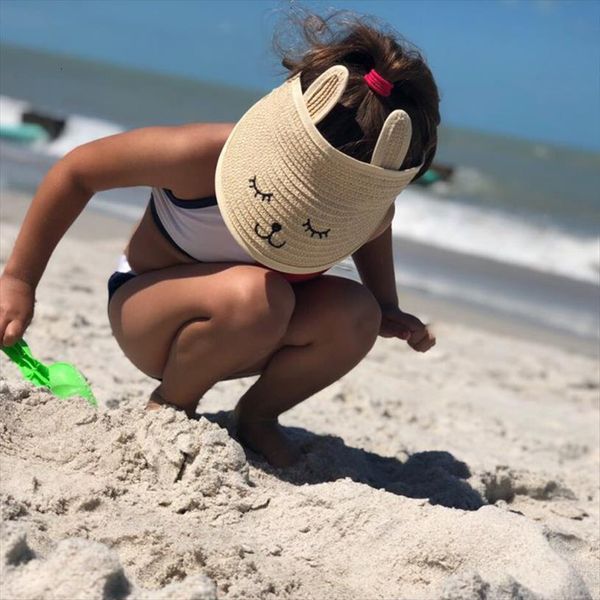 

summer childrens cat empty straw hat korean casual shade sunscreen beach sun for kids, Blue;gray