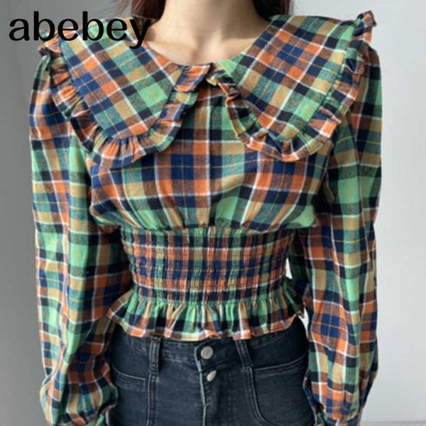 

sweet style shirts for women peter pan collar long sleeve plaid hit color slim short blouses female autumn clothing 210715, White