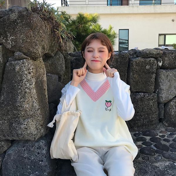 

womens harajuku cute college women sweater embroidery v neck fresh girl loose female retro pullover thick kawaii, White;black