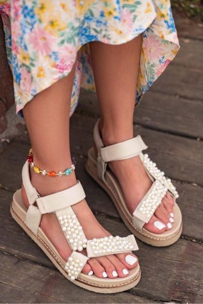 

sandals women's beige pearl detail, Black