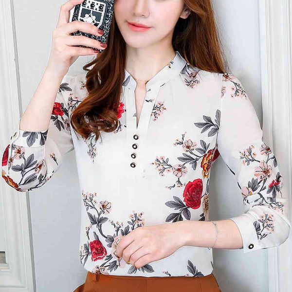 

fashion women blouse shirts chiffon print flowers plus size long sleeve white shirt blusas feminine 904h 210420