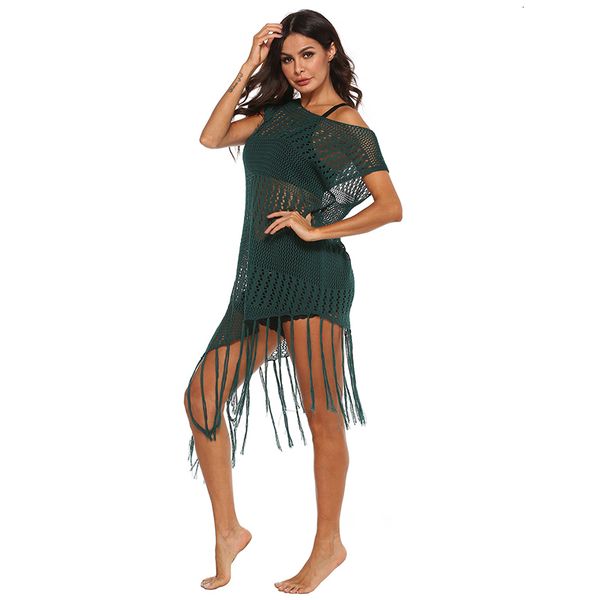 

women's swimwear bohemian knitted beach cover up fringe hollow out summer pareo irregular one shoulder vestidos mz03, White;black
