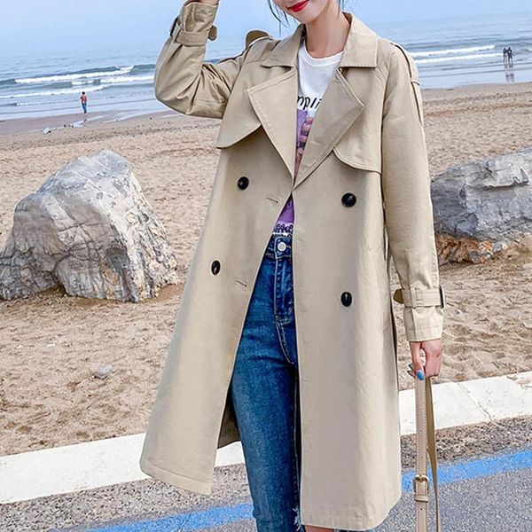 

women's trench coats women casual long coat with sashes double breasted windbreaker 2021 chic office ladies outerwear, Tan;black
