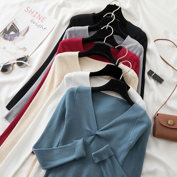 

women's sweaters 2021 autumn korean fashion folds slim long-sleeved knit bottoming shirt niche design v-neck sweater trendy women 60b, White;black