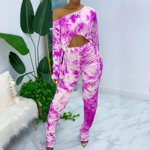 

women's tracksuits women 2 pieces set tie dye long sleeve diagonal collar short and bodycon pleated pants ladies skinny outdoor wea, Gray