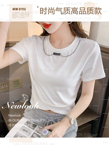 

women's tees european and american short-sleeved t-shirt umbilical short high waist slim fit7953, White