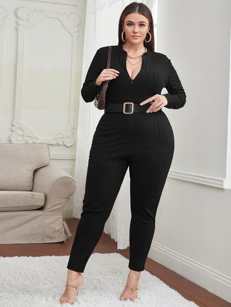 

plus half zip rib knit jumpsuit f6cb#, Black
