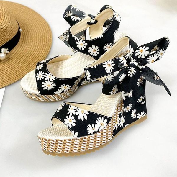 

women's bohemian waterproof taiyu mouth thick bottom flower lace wedge sandals fashion shoes summer women sapatos femininos, Black
