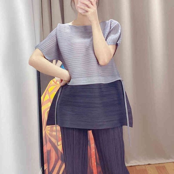 

pants summer women's color matching miyak fold fashion lace-up short-sleeved blouse loose large size slimming two-piece suit, White