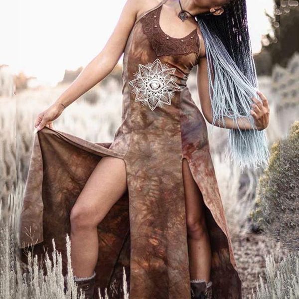 

casual dresses dress women summer vintage retro dyeing lace print split long slip vestidos femininos, Black;gray